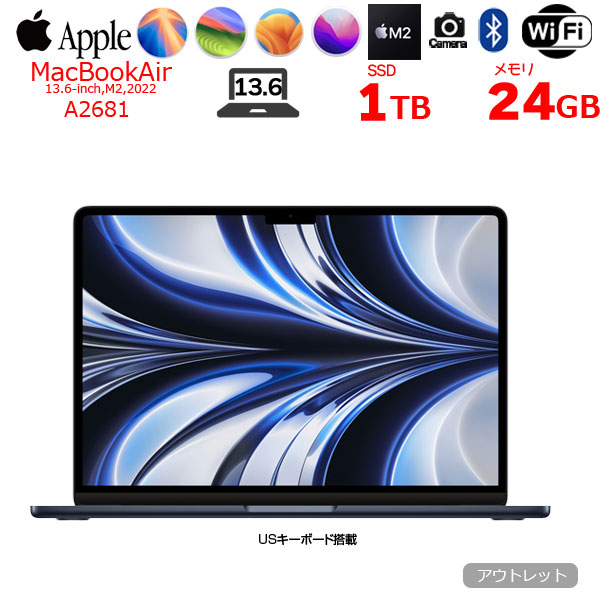 【今だけUSB-Cハブプレゼント】Apple MacBook Air 13.6inch MLY43J/A A2681 2022 TouchID 選べるOS USキー [Apple M2 8コア メモリ24GB SSD1TB 無線 BT カメラ 13.6 Midnight ] :アウトレットsub_image1
