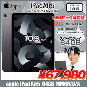 【SIMロック解除済】Apple iPadAir5 第5世代 MM6R3J/A　au Wi-Fi+cel 64GB A2589  [Apple M1 8コア  10.8インチ iPadOS18.6 スペースグレイ] :良品