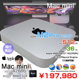【中古パソコン】Apple Mac mini MNH73J/A A2686 M2 Pro 2023 小型デスク 選べるOS [Apple M2 Pro 12コア 19コアGPU 32GB 512GB 無線 BT シルバー 純箱 ]:美品
