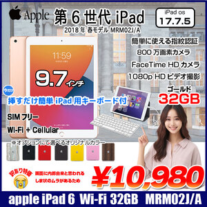 【今だけLightningキーボード】【中古 SIMフリー】Apple iPad 第6世代 MRM02J/A Wi-Fi+ Cellular 2018 32GB A1954[ A10 iPadOS 17.7.5 ゴールド]:訳あり
