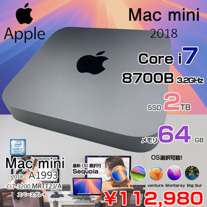 Apple Mac mini MRTT2J/A A1993 2018 小型デスク 選べるOS [Core i7 8700B 3.2GHz メモリ64GB SSD2TB 無線 BT スペースグレイ ]:アウトレット