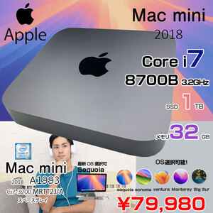 Apple Mac mini MRTT2J/A A1993 2018 小型デスク 選べるOS [Core i7 8700B 3.2GHz メモリ32GB SSD1TB 無線 BT スペースグレイ ]:アウトレット