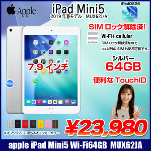 【中古iPad】Apple iPad mini5 MUX62J/A A2124 第5世代 SoftBank Wi-Fi-cel 64GB [ A12 SSD64GB 7.9 iPadOS 26 シルバー ] :アウトレット 中古