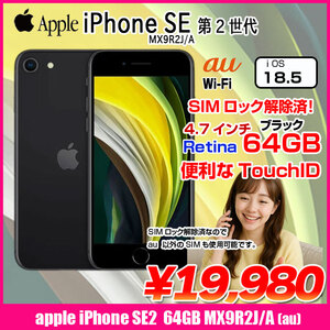 【SIMロック解除済】Apple iPhone SE(第2世代) MX9R2J/A A2296 au 本体 64GB Retina TouchID [A13 64GB 4.7インチ OS18 ブラック]:良品