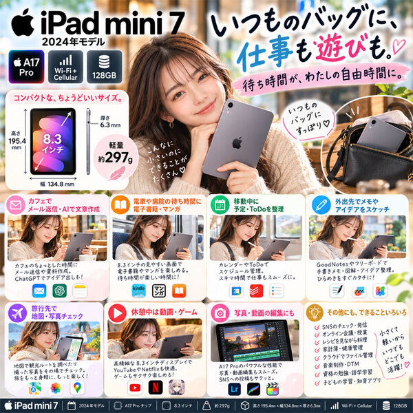 【中古ipad】Apple iPad mini7 MXPN3JA A2995 第7世代 Wi-Fi-Cel 128GB 2024年モデル [ A17 Pro 128B 8.3型 iPadOS27 スペースグレイ ] :良品sub_image5