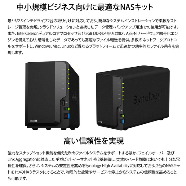 Synology DiskStation DS220+ 高性能 2ベイNAS デュアルコア(Intel Celeron J4025) メモリ2GB HDD2TB(1000GB×2)付属 フロントパネルsub_image2