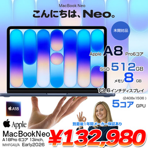 【未開封】Apple MacBook Neo 13inch MHFG4J/A A3404 2026 USキー TouchID [Apple A18 Pro 6コア メモリ8GB SSD512GB 無線 BT カメラ 13型 Indigo ] :未開封品