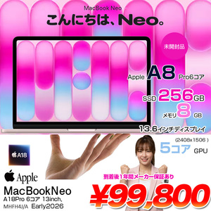 【未開封】Apple MacBook Neo 13inch MHFH4J/A  A3404 2026 TouchID [Apple A18Pro 6コア メモリ8GB SSD256GB 無線 BT カメラ 13型 Blush ] :未開封品