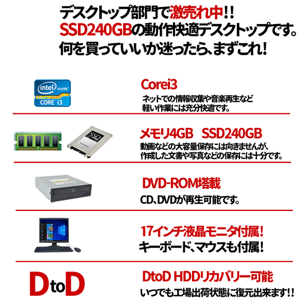 【中古パソコン】デスクトップパソコン 中古パソコン Office Windows7 Corei3 新品SSD240GB メモリ4GB DVD-ROM 液晶モニタセットNEC アウトレットsub_image1