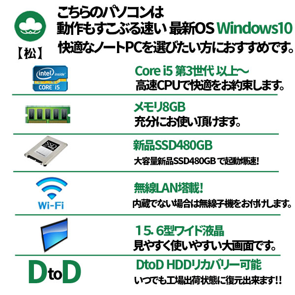 店長おまかせノートパソコン【中古パソコン 松】Win10 Home 64bit テンキー Office付 [高速Core i5 メモリ 8G SSD480GB マルチ 15.6型  無線] :良品sub_image1