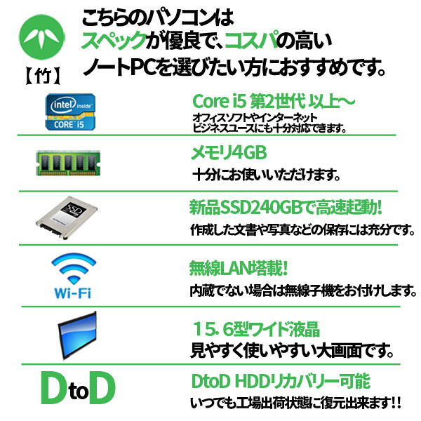 店長おまかせノートパソコン 【竹】Win10 Home 64bit Office付 [core i5 第2世代  メモリ 4G　SSD240GB マルチ 15.6型  無線] :良品sub_image1