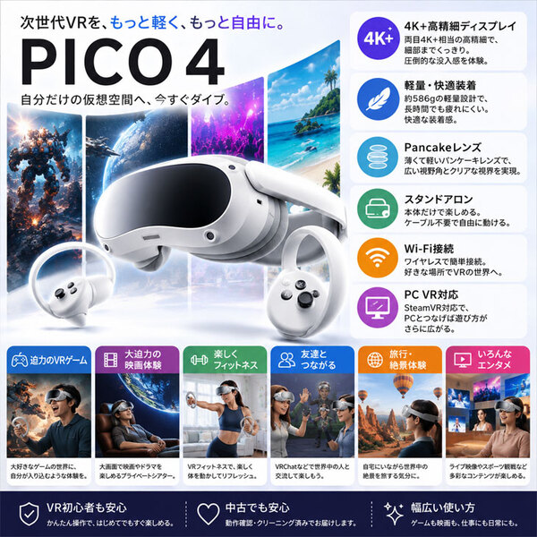 【純箱入り良品】PICO 4 128GB オールインワンVRヘッドセット Pancakeレンズ 軽量約586g 4K+高精細ディスプレイ PC VR対応 Wi-Fi接続 スタンドアロンsub_image2