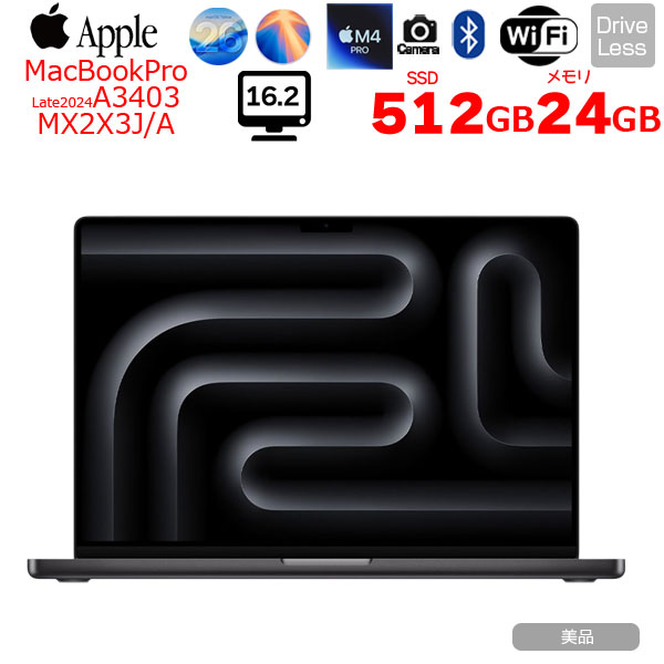 【中古パソコン】Apple MacBook Pro 16inch MX2X3J/A A3403 2024 OS [Apple M4 Pro 14コアCPU 20コアGPU 24GB 512GB 無線 BT カメラ 16.2 Space Black] :美品