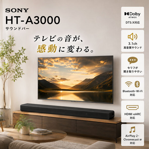 【付属品揃った良品】SONY HT-A3000 サウンドバー Dolby Atmos DTS:X 3.1ch Bluetooth Wi-Fi HDMI eARC AirPlay2 Chromecast対応 ブラック 中古sub_image2