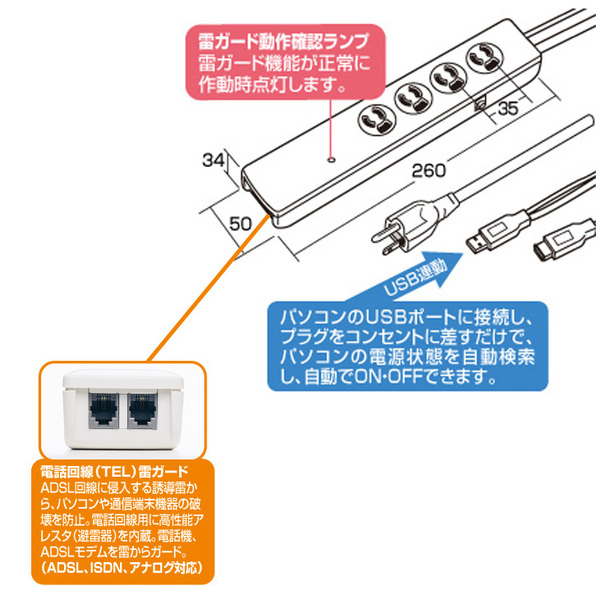 中古 サンワサプライ SANWA TAP-RE9SPUN 高性能雷連動タップ (3P抜け止め・4個口・2m) TAP-RE9SPUNsub_image5