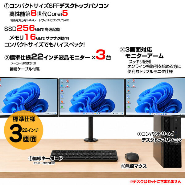【3画面で、トレード効率を最大化】トレーディングPC FX 小型本体 中古 デスクトップPC  3画面マルチモニタ トレパソ3　Compact 22インチ Office Win11 無線キー・マウス付[8世代 Core i5 16GB SSD256G]:良品sub_image2
