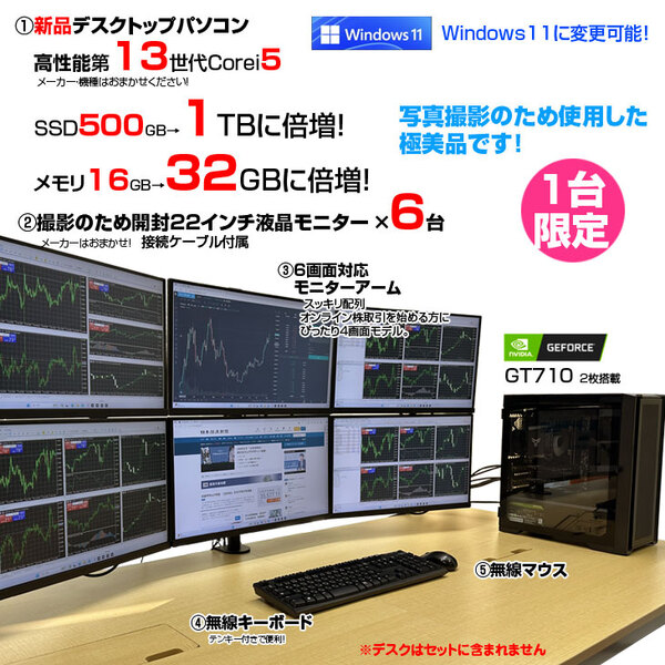 T622 6画面 トレーディングPCフルセット デイトレ 株取引 FX 仮想通貨 トレーディングPC6 FX 株 デイトレ 22型×6画面 トレパソNEW
