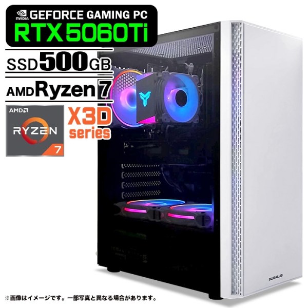 ゲーミングPC デスクトップ U3 GeForce RTX5060Ti AMD Ryzen7 9800X3D Win11 SSD500GB メモリ16GB
