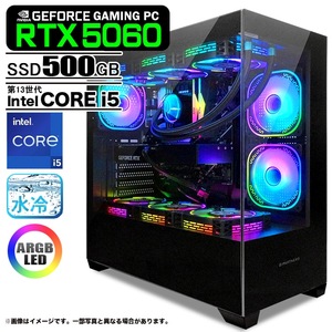 ゲーミングPC デスクトップパソコン GP-V3 ブラック ピラーレス GeForce RTX5060 第13世代 Intel Corei5 13400F Win11 SSD500GB メモリ16GB CPU水冷ファン