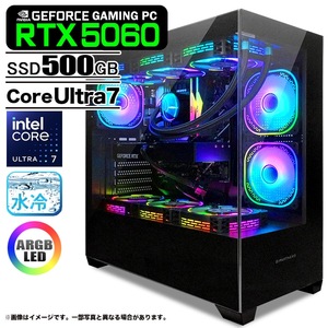 ゲーミングPC デスクトップパソコン GP-V3 ブラック ピラーレス GeForce RTX5060 Intel Core Ultra7 265KF Win11 SSD500G メモリ32GB CPU水冷ファン 新品1年保証 
