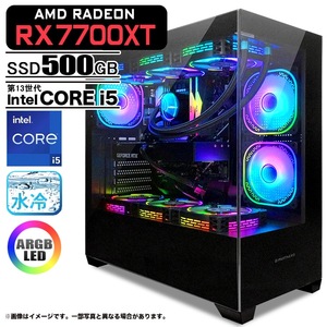 ゲーミングPC デスクトップ GP-V3 ブラック ピラーレス AMD Radeon RX7700XT 第13世代 Intel Corei5 13400F Win11 500G 16GB CPU水冷ファン eスポーツ PASOUL 極