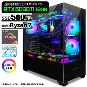 ゲーミングPC デスクトップパソコン GP-V3 ブラック ピラーレス GeForce RTX5060Ti AMD Ryzen7 7800X3D Win11 SSD500GB メモリ32GB CPU水冷ファン
