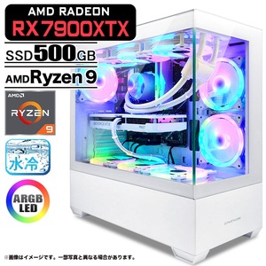 ゲーミングPC  GP-V3 ホワイト ピラーレス Radeon RX7900XTX Ryzen9 9950X3D Win11 SSD500GB 32GB CPU水冷ファン ゲーミング PASOUL 極