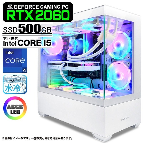 ゲーミングPC  GP-V3 ホワイト ピラーレス GeForce RTX2060 第14世代 Intel Corei5 14400F Win11 SSD500GB メモリ16GB CPU水冷ファン