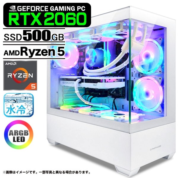 ゲーミングPC デスクトップ GP-V3 ホワイト ピラーレス GeForce RTX2060 AMD Ryzen5 5600GT Win11 SSD500GB メモリ16GB CPU水冷ファン