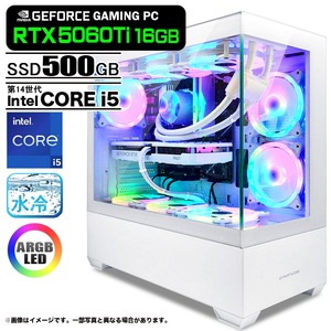 ゲーミングPC デスクトップパソコン GP-V3 ホワイト ピラーレス GeForce RTX5060Ti 第14世代 Intel Corei5 14400F Win11 SSD500GB メモリ16GB CPU水冷ファン
