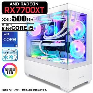 ゲーミングPC デスクトップ GP-V3 ホワイト ピラーレス AMD Radeon RX7700XT 第13世代 Intel Corei5 13400F Win11 500G 16GB CPU水冷ファン eスポーツ PASOUL 極