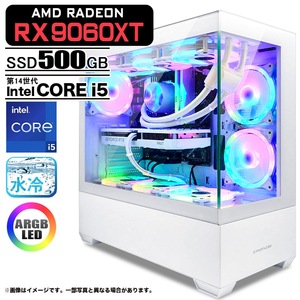 ゲーミングPC  GP-V3 ホワイト ピラーレス AMD Radeon RX9060XT Intel Corei5 14400F Win11 SSD500GB メモリ16GB CPU水冷ファン 新品1年保証 
