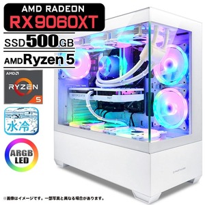 ゲーミングPC  GP-V3 ホワイト ピラーレス AMD Radeon RX9060XT AMD Ryzen5 5600GT Win11 SSD500GB メモリ16GB CPU水冷ファン
