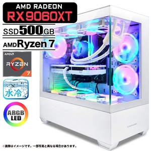 ゲーミングPC  GP-V3 ホワイト ピラーレス AMD Radeon RX9060XT AMD Ryzen7 7700 Win11 SSD500GB メモリ16GB CPU水冷ファン PASOUL 極
