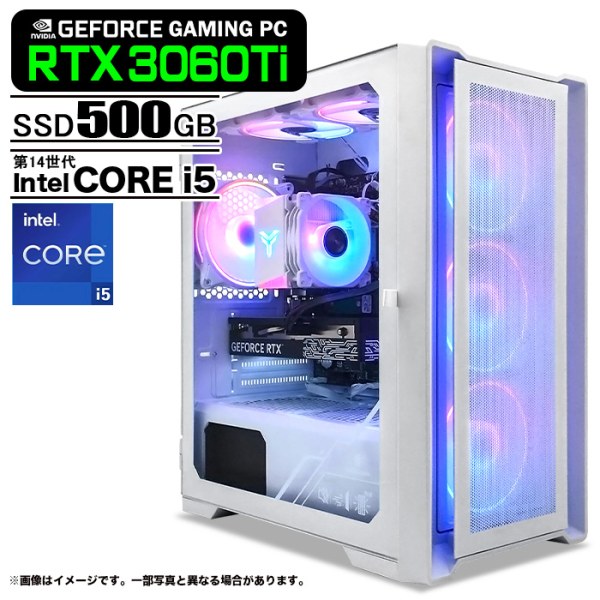 ゲーミングPC デスクトップ ホワイト メッシュ GeForce RTX3060Ti 第14世代 Intel Corei5 14400F Win11 SSD500GB メモリ16GB