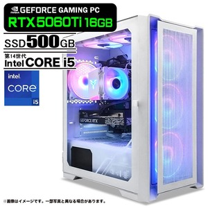 ゲーミングPC デスクトップパソコン ホワイト メッシュ GeForce RTX5060Ti 16GB Intel Corei5 14400F Win11 SSD500GB メモリ16GB PASOUL 煌