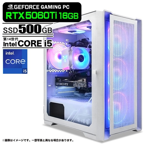 ゲーミングPC デスクトップパソコン ホワイト メッシュ GeForce RTX5060Ti 16GB Intel Corei5 14400F Win11 SSD500GB メモリ16GB PASOUL 煌