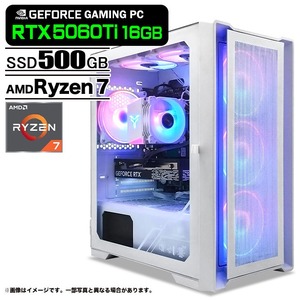 ゲーミングPC デスクトップパソコン ホワイト メッシュ GeForce RTX5060Ti 16GB AMD Ryzen7 5700X Win11 SSD500GB メモリ16GB PASOUL 煌