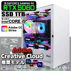 Adobe Creative Cloud推奨モデル ゲーミング  ホワイト プレーン GeForce RTX5060 第14世代Corei5 14400F Windows11 SSD1TB メモリ32GB ゲーミングPC  PASOUL 煌
