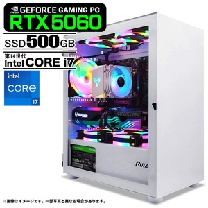 ゲーミングPC デスクトップパソコン ホワイト プレーン GeForce RTX5060 第14世代 Intel Corei7 14700F Windows11 NVMe M.2 SSD500GB メモリ16GB PASOUL 煌