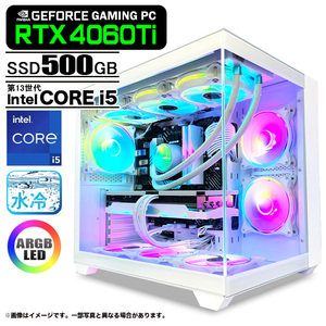 ゲーミングPC デスクトップパソコン 白色海景房シームレス HJF-ATX(WH) GeForce RTX4060Ti 第13世代 Intel Corei5 13400F Win10 or Win11 NVMe M.2 SSD500GB メモリ16GB CPU水冷ファン eスポーツ PASOUL 極