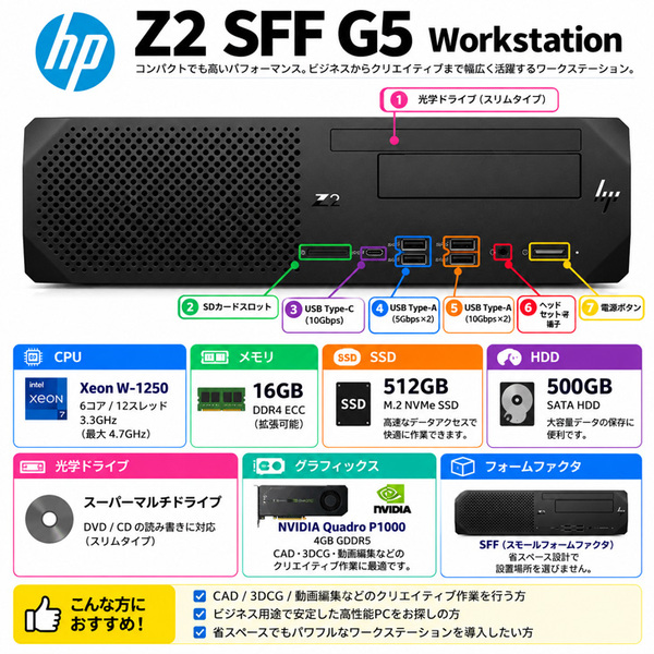 【中古パソコン】HP Z2G5SFF ワークステーション クリエーター NVIDIA Quadro P1000搭載 Win11 Office[X(W-1250)6C 16GB SSD512G+HDD500G SSD512GB マルチ]:良品sub_image2